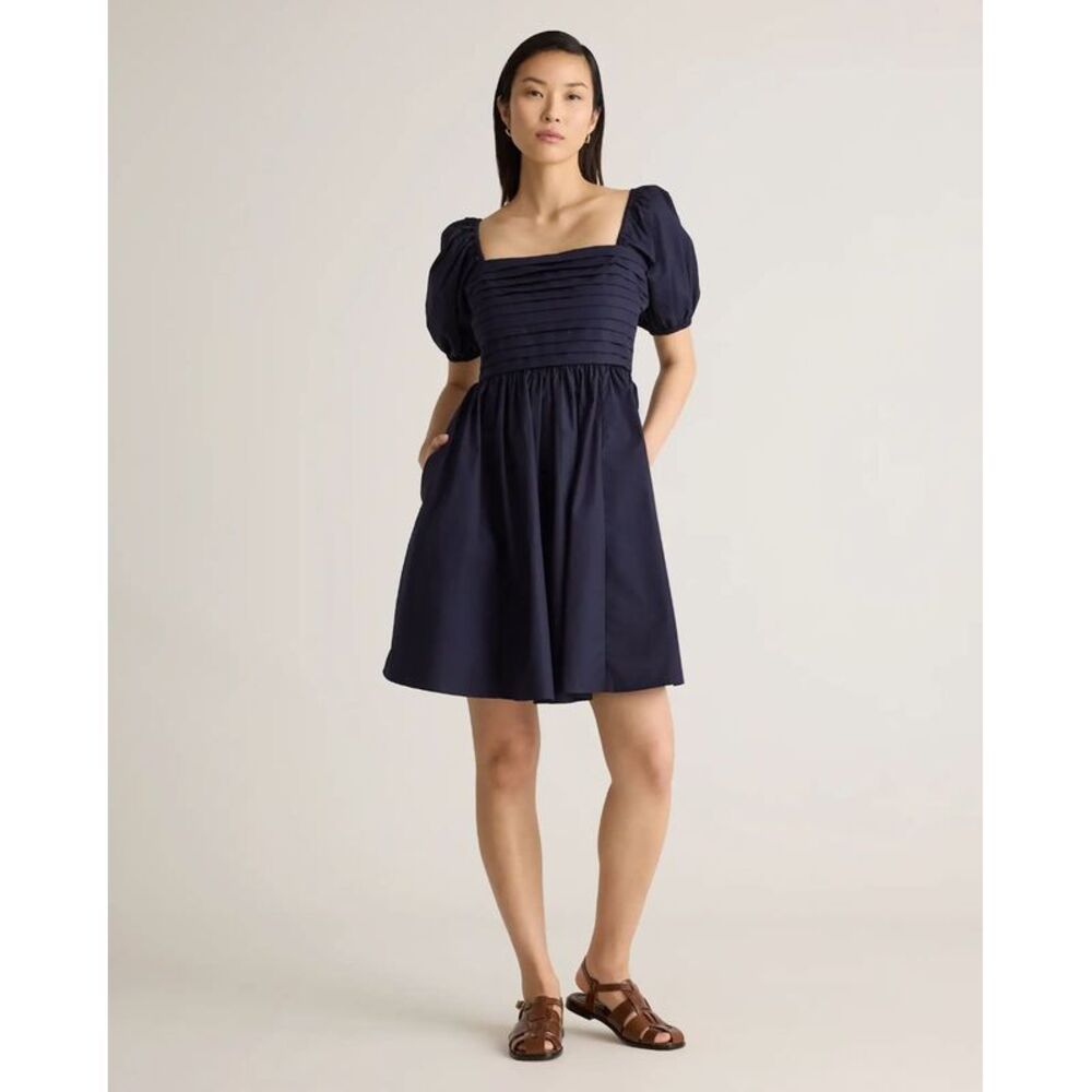 Quince Women's 100% Organic Cotton Ruched Mini Dress Navy Blue L